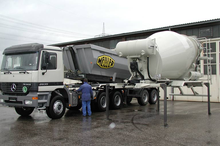 Change-over system for cement mixer and semi-trailers